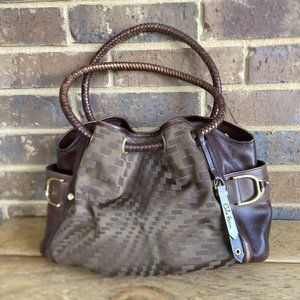 Cole Haan Denny Brown Leather and Canvas Satchel Shoulder Bag Woven Handles